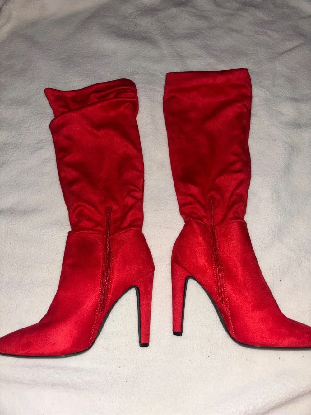 Red Suede Knee-High Stiletto Boots - Women
